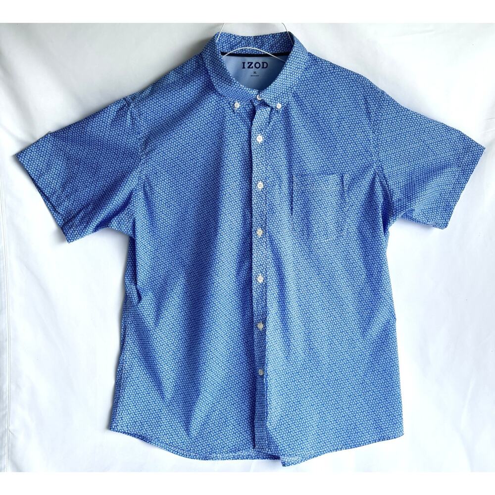 Izod Men's Blue Shirt XL White Football Print Button Up Short Sleeve